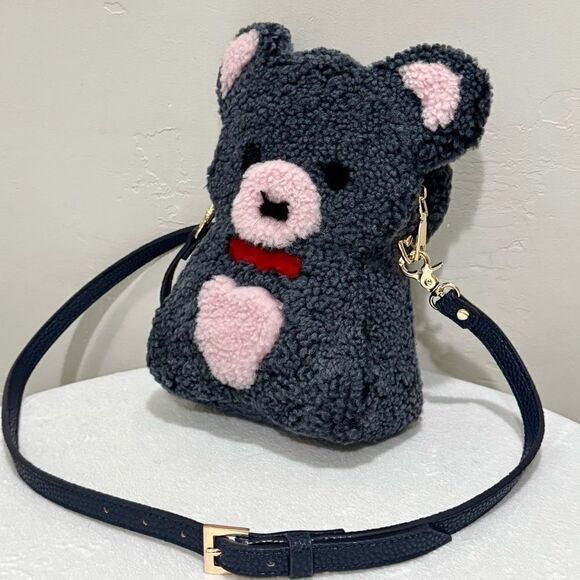 Gray Teddy Bear Purse, Handmade Colorblock Real Shearling Crossbody/Phone Pouch - Picture 8 of 16